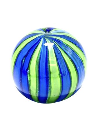 Vtg Handblown Blue/Green Striped Glass Paperweight