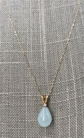 14k Yellow Gold, Diamond & Pear Shaped Jade Necklace