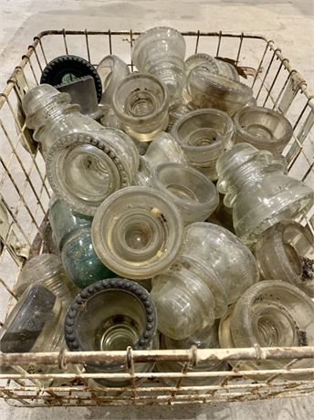 49 pc Vintage Clear & Aqua Glass Electric Insulator Lot in Bicycle Basket