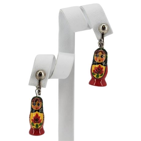 Vintage Hand Painted Russian Matryoshka Doll Clip Earrings