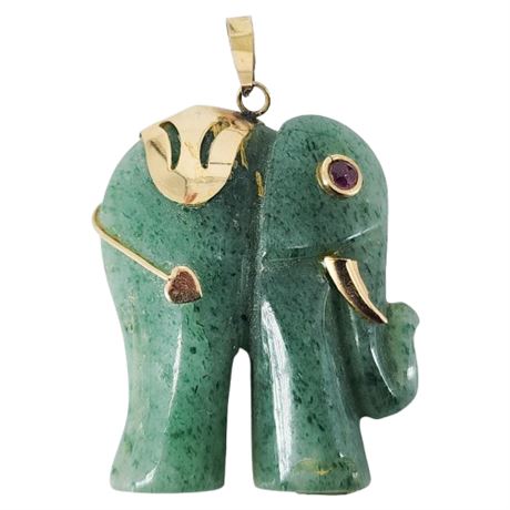 Vintage 14K Gold & Jade Elephant Pendant w/ Ruby Eye