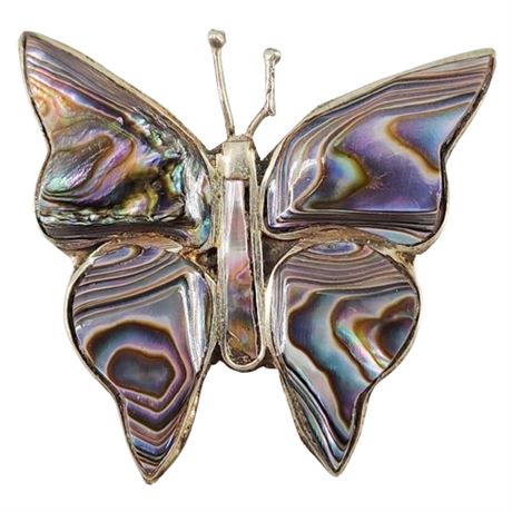 Vintage Mexico Silver Tone Abalone Butterfly Brooch
