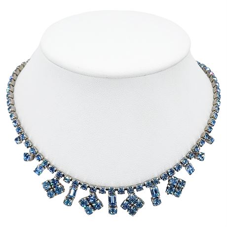 Vtg Ice Blue Prong Set Rhinestone Drops Choker Necklace
