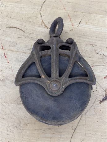 Antique Cast Iron & Wooden Wheel Barn Pulley