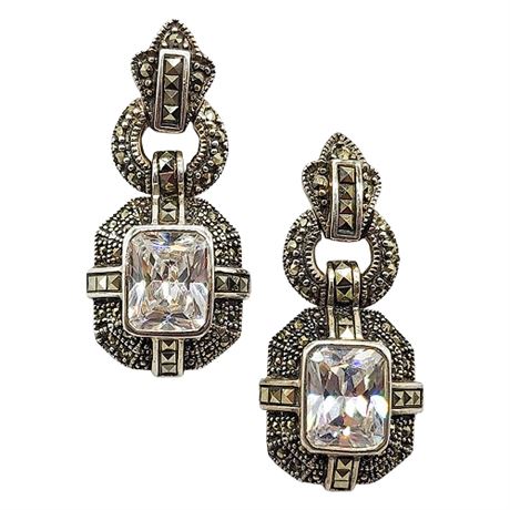 Art Deco Style Sterling Silver Marcasite & White Tourmaline Earrings