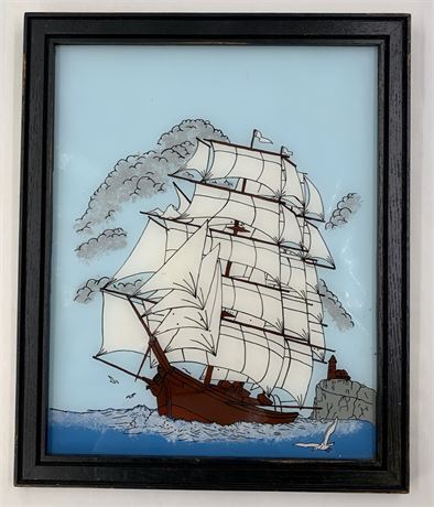 Vintage Reverse Painted on Glass Nautical Sailing Ship Framed Painting