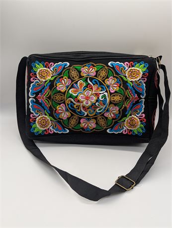 New Floral Embroidery Asian Handbag 3 pockets Adjustable Straps