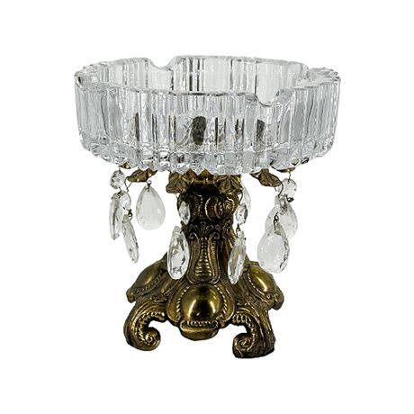 Hollywood Regency Crystal Brass Pedestal Ashtray