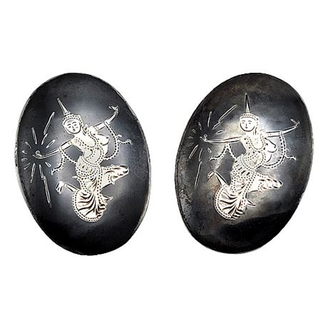 Pair Siam Sterling Silver Oval Brooches