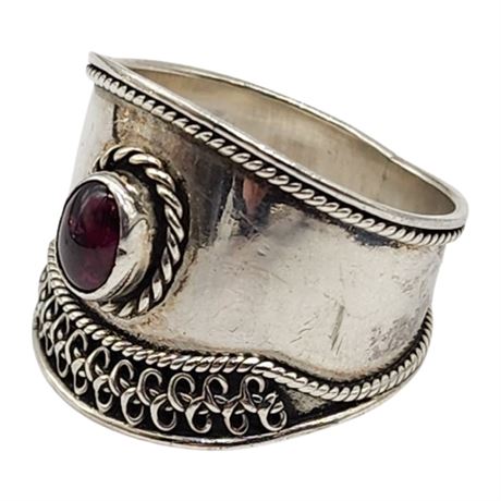 Wide Sterling Silver Garnet Ring, Sz 11.5