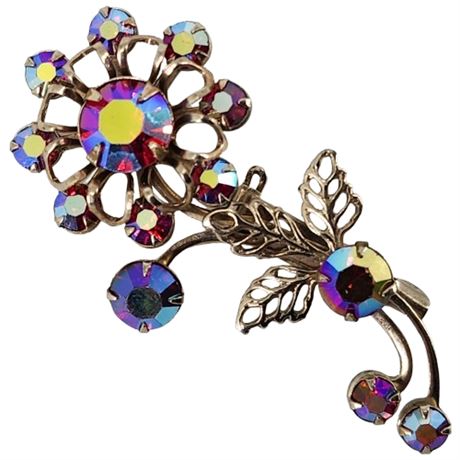 Vintage Red Aurora Borealis Rhinestone Flower Brooch