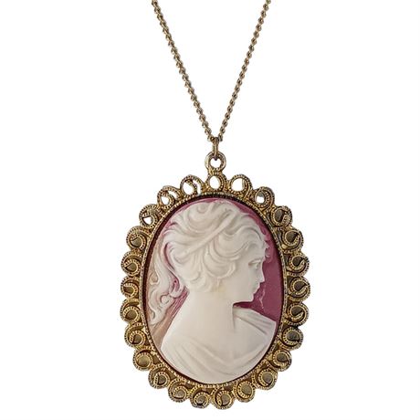 Vintage Cameo Pendant Necklace — Lady Profile, Gold-Tone Setting