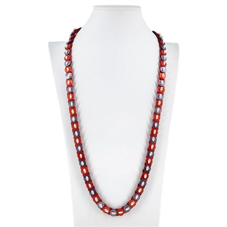 Vintage Moonglow Lucite Button & Faux Pearl Beaded Necklace