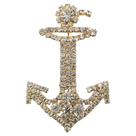 Vintage Large Prong Set Rhinestone Anchor Brooch, Flawed