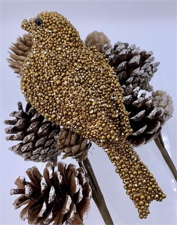 Sparkling Silver & Gold Bead Bird Ornament with Pinecone Clips