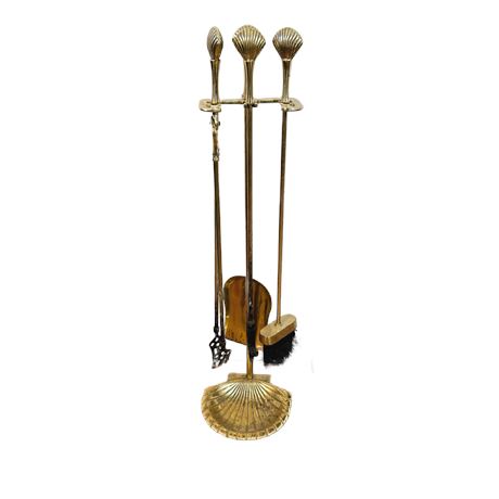 Vintage Brass Fireplace Tool Set with Seashell Finials