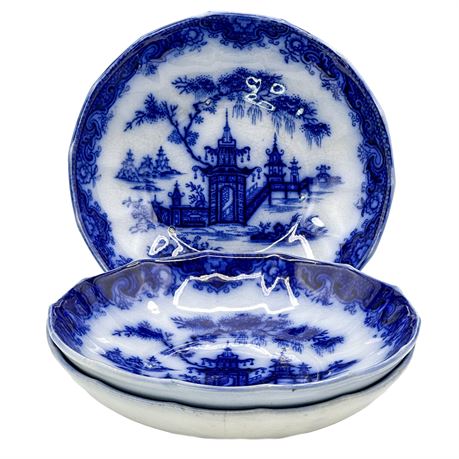 Set of Three Antique "Whampoa" Ironstone Flow Blue Bowls