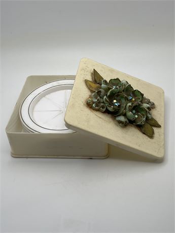 Vintage green flowers, plastic vintage coasters box