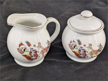Christmas Keepsake Porcelain Sugar Bowl & Creamer Racoon Deer Santa Scene
