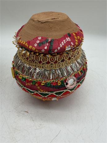 Tera Cotta Pot Beautifully Wrapped in Vibrant Fabric & Gold & Silver Tinsel Lace
