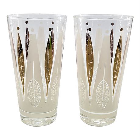 Mid-Century Gold & White Leaves Cocktails Glasses