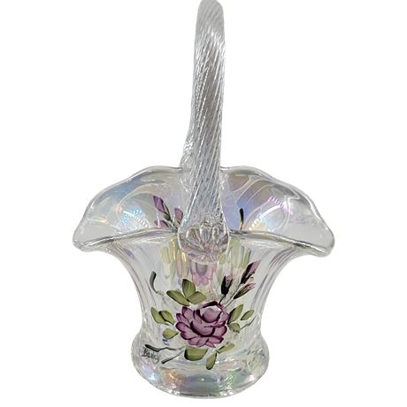 Mosser Clear Carnival Glass Hand-Painted Rose Basket - Signed