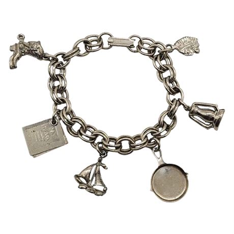 Vintage Silver Tone Double Link Charm Bracelet