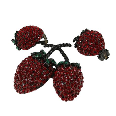 Vintage WEISS Strawberry Set ~ Brooch & Clasp Earrings ~ Signed