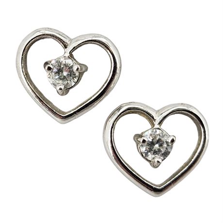 Vintage FAS Sterling Silver CZ Heart Stud Earrings