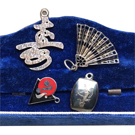 Vintage Sterling Silver Charm Lot - Siam Niello Enamel, Chinese Symbol, Fan