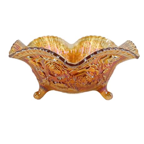 Vintage Imperial Marigold Carnival Glass “Peach Luster” Footed Rose Bowl