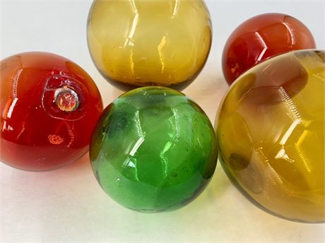 5 pc Mouth Blown Red, Green & Amber Art Glass Float Orbs