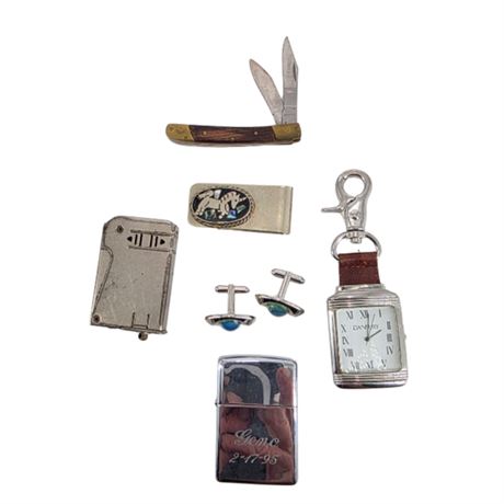 Mixed Lot - Zippo, Pocket Watch, Hitchcock Cufflinks