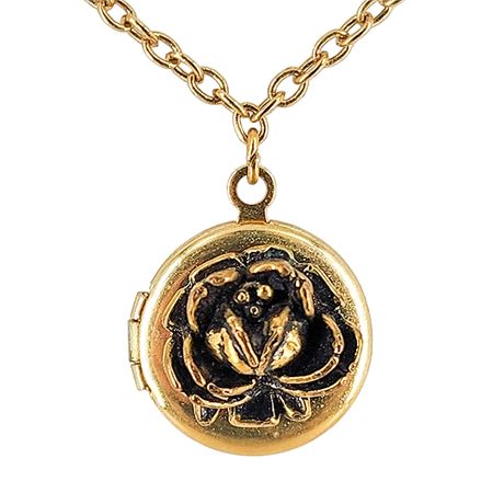 Signed Vintage 1928 JEWELRY CO Gold Tone Rose Mini Locket Necklace