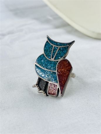 8.5g Navajo Sterling Coral + Turquoise Owl Ring Size 7