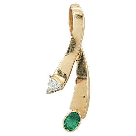 Vintage HANCHU 14K Gold Diamond & Emerald Ribbon Pendant