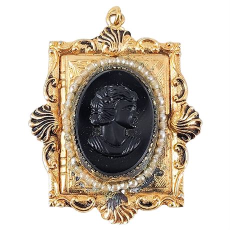 Vintage Gold Tone Black Cameo Locket Pendant