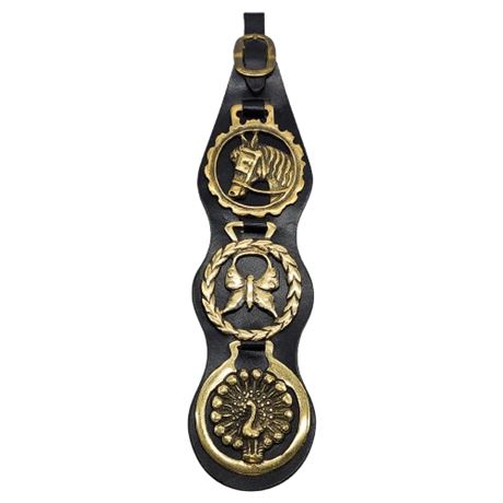 Vintage Brass Triple Horse Tack Medallion Leather Martingale