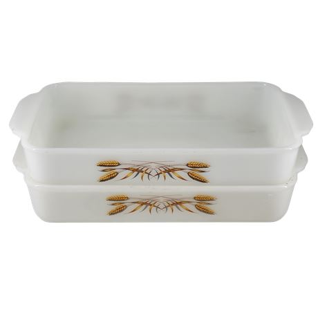 Anchor Hocking Fire King Milk Glass 1 1/2 Qt. Wheat Baking Dishes - Set of 2
