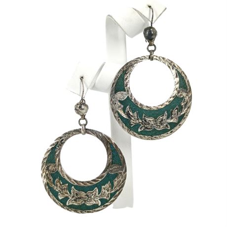 Joy-Mex Vintage Mexican Sterling Silver & reen Stone Inlay Dangle Earrings
