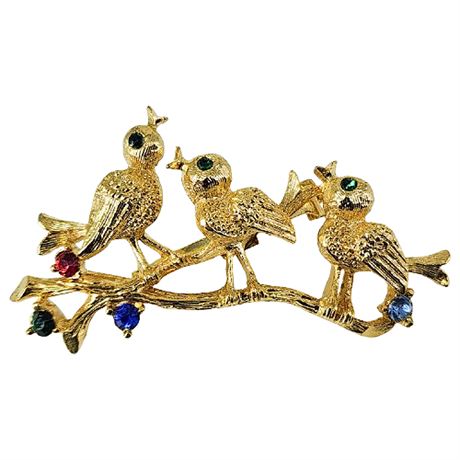 Signed Vintage GERRY'S Rhinestone Birds on Branch Brooch