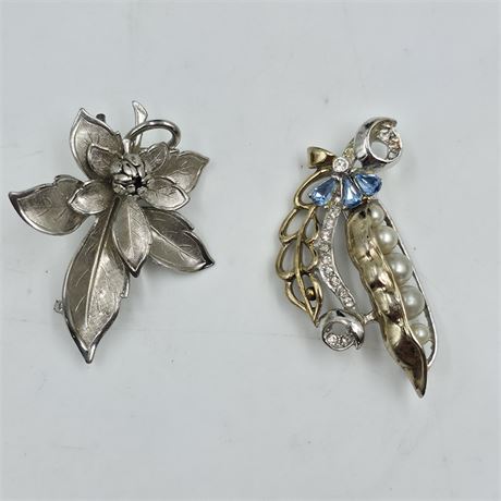 Two Vintage Silvertone Rhinestone Pins