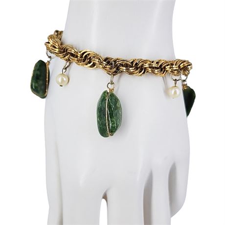 German Genuine Pearl & Green Gemstone Charm Bracelet