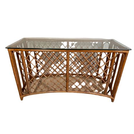 Mid-Century Caged Rattan Glass Top Console Table