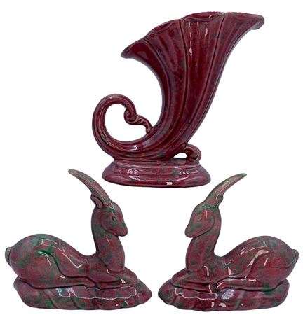 3 pc Art Deco Artistic California Potteries Cornucopia,Gazelle,Centerpiece Vase
