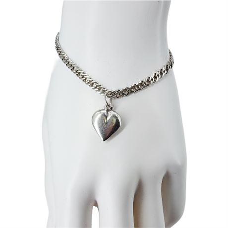 Vintage Sterling Silver Puffy Heart Charm Bracelet