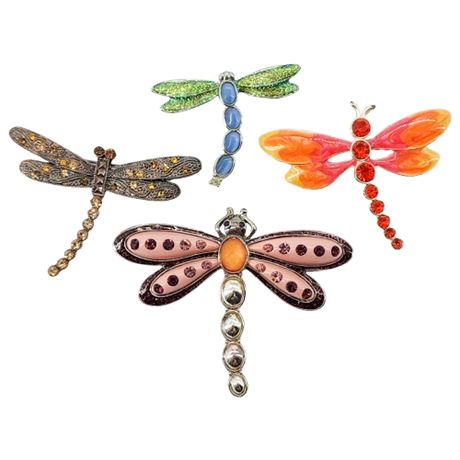 Four Vtg Dragonfly Brooches, One Signed