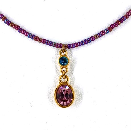 Purple Beaded Necklace with Rhinestone Drop Pendant – Marked 1928®