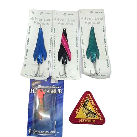 Vintage NEW Fishing Lure Lot- Silver Leaf Spoons, Fuzz-E-Grub