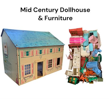 Large 24” x 19” Mid Century Dollhouse & Furniture